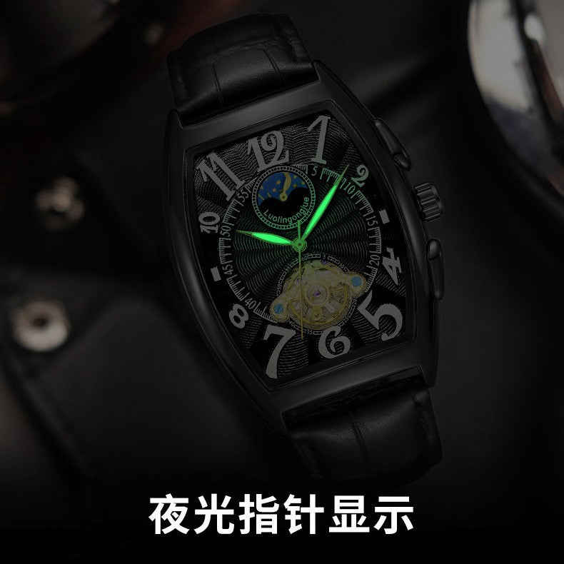 Men's Mechanical Barrel Watch – Skeleton Openwork Moon Phase Calendar Leather Strap