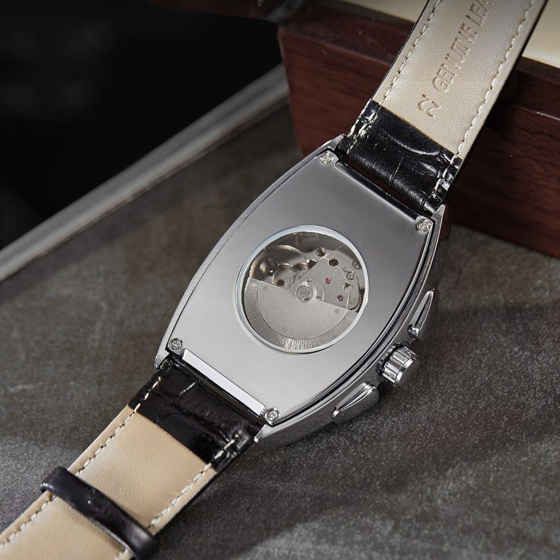 Men's Mechanical Barrel Watch – Skeleton Openwork Moon Phase Calendar Leather Strap