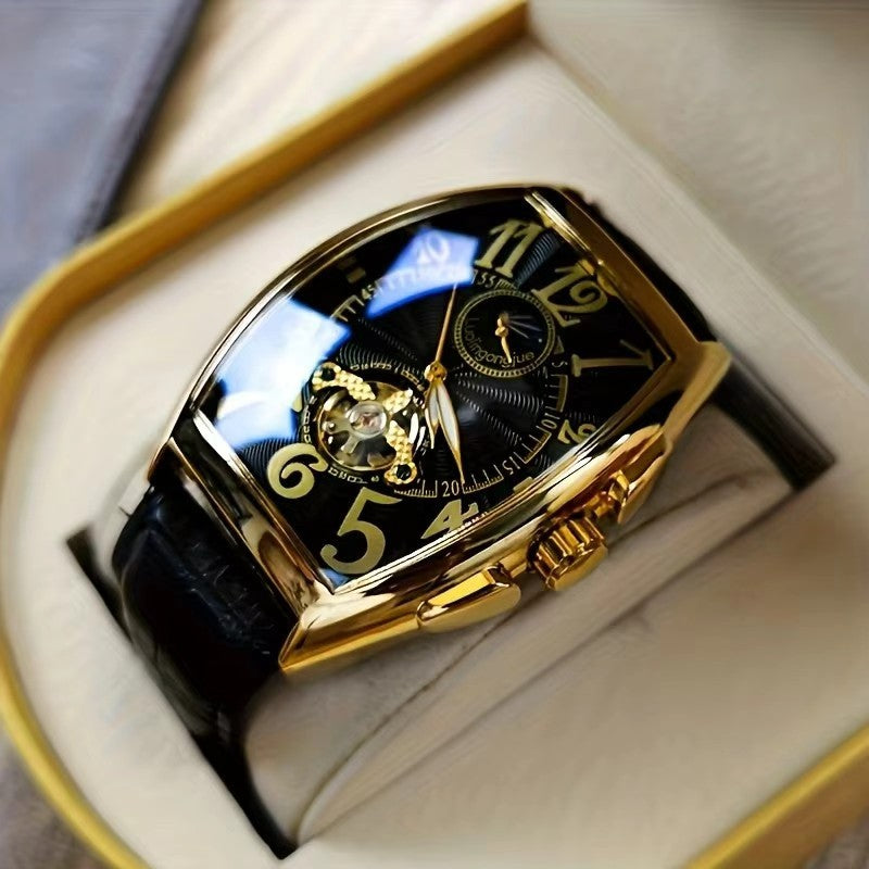 Men's Mechanical Barrel Watch – Skeleton Openwork Moon Phase Calendar Leather Strap