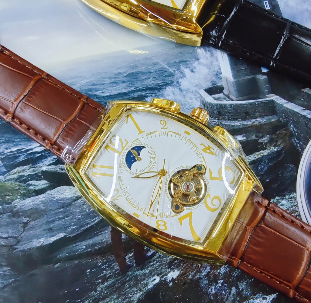 Men's Mechanical Barrel Watch – Skeleton Openwork Moon Phase Calendar Leather Strap