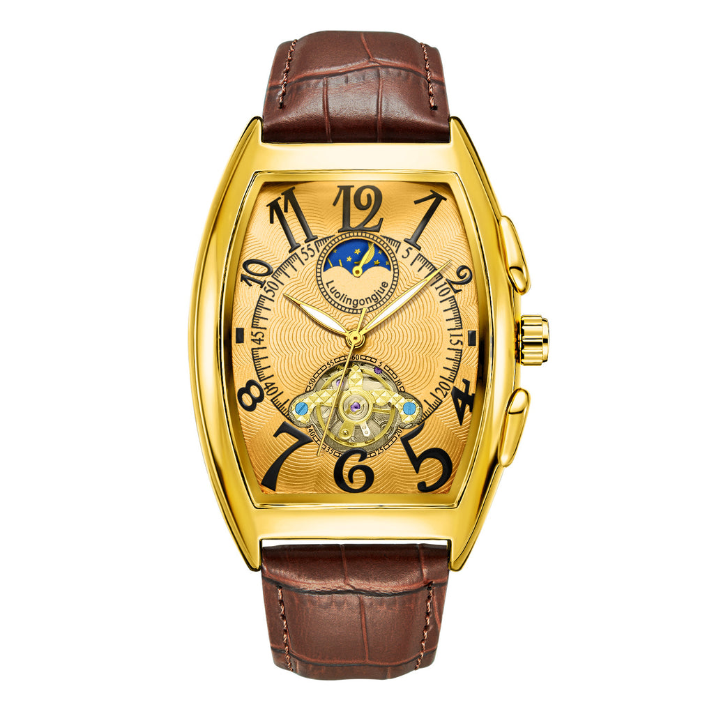 Men's Mechanical Barrel Watch – Skeleton Openwork Moon Phase Calendar Leather Strap