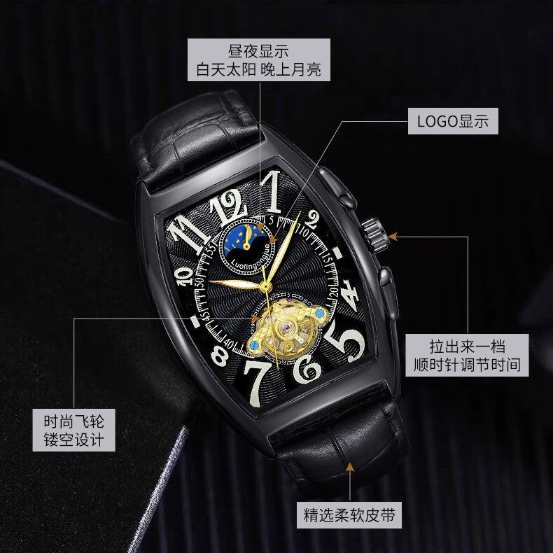 Men's Mechanical Barrel Watch – Skeleton Openwork Moon Phase Calendar Leather Strap