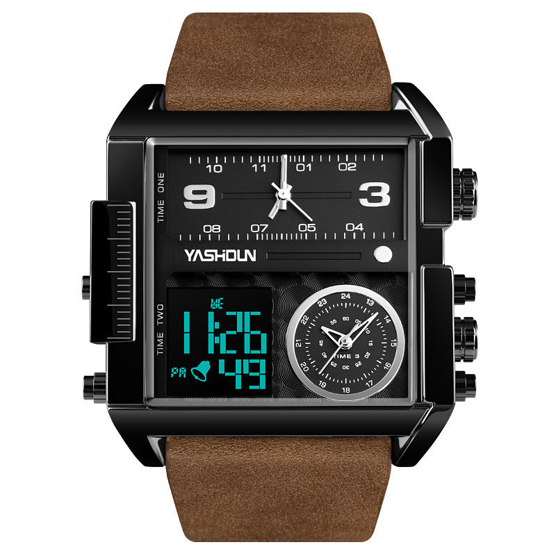 Men's Sports Watch Dual Display – Rectangular Electronic Movement Durable Leather Strap