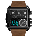 Men's Sports Watch Dual Display – Rectangular Electronic Movement Durable Leather Strap