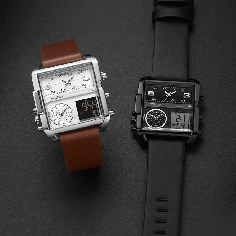 Men's Sports Watch Dual Display – Rectangular Electronic Movement Durable Leather Strap