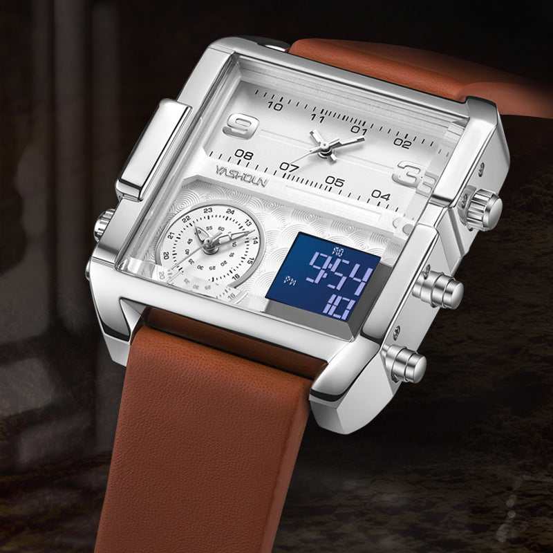 Men's Sports Watch Dual Display – Rectangular Electronic Movement Durable Leather Strap