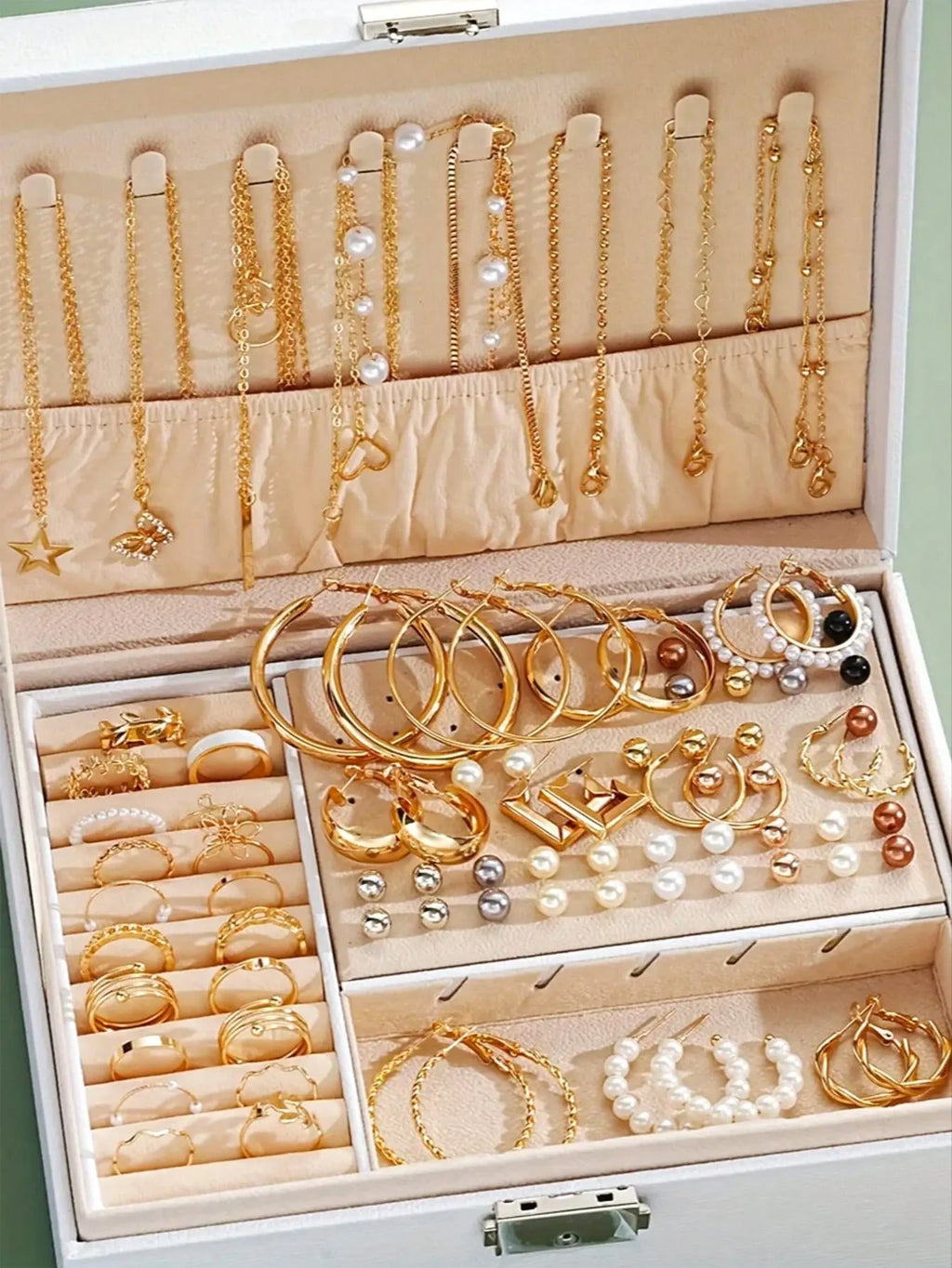 86-Piece Pearl Jewelry Set – Necklace, Earrings & Rings, Women's Gift