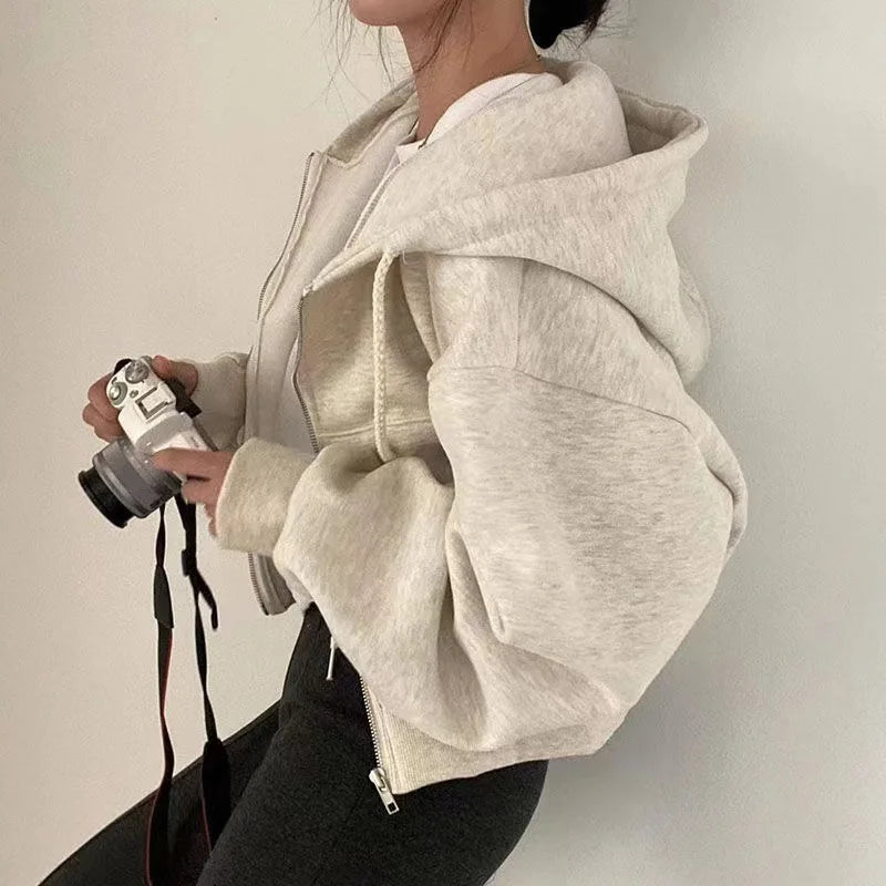🌸 Hoodie Crop Estilo Coreano con Forro Polar – Moda Femenina Harajuku