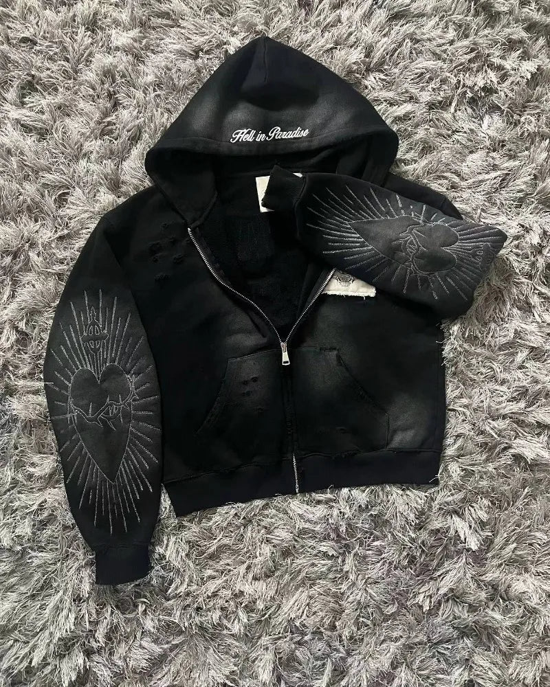 🍂 Sudadera con Bordado Retro Y2K – Estilo Harajuku Gótico