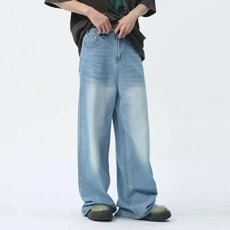 Men's Camouflage Wide-Leg Jeans – Vintage Washed Casual Denim, Size XS-XL