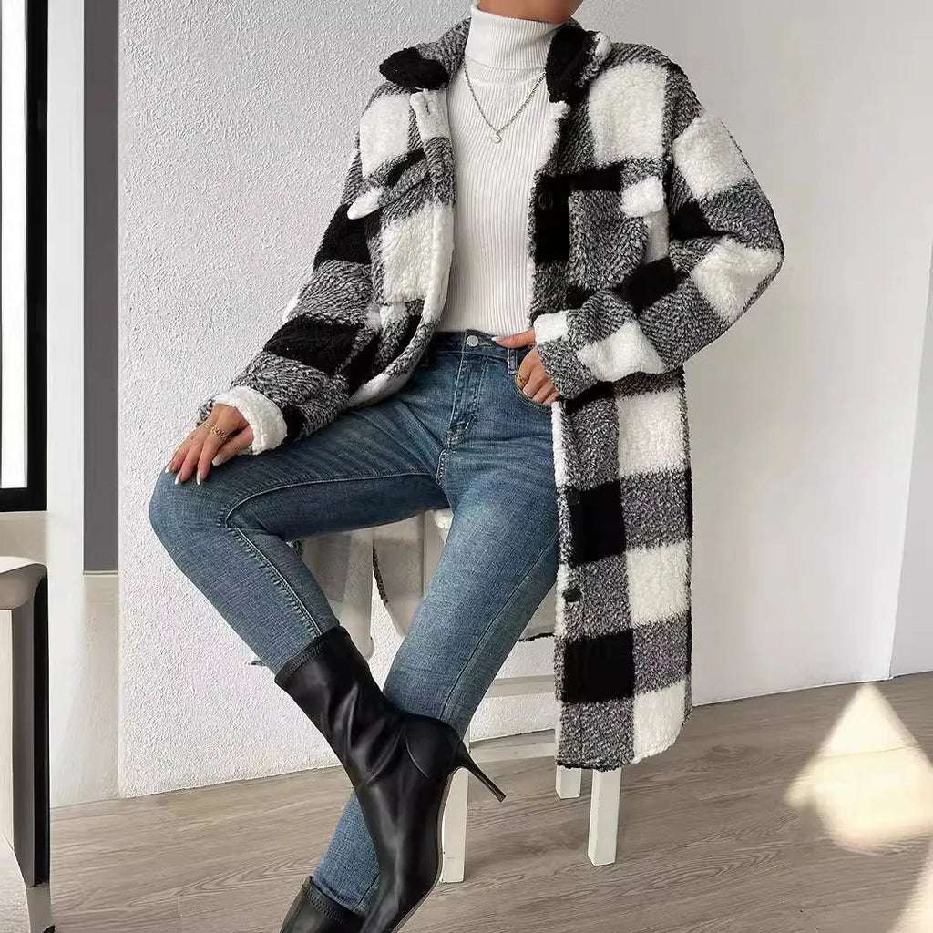 🧥 Abrigo Largo de Cuadros con Forro Polar – Estilo Trench Premium