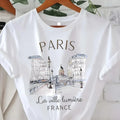 Y2K-style Paris-print t-shirt for women and girls; short sleeves, crew neck, casual garment ideal for spring and summer.