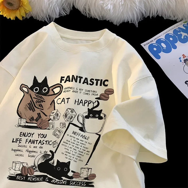 Unisex Oversized Cartoon Cat T-Shirt – Korean Style for Couples, Short Sleeve