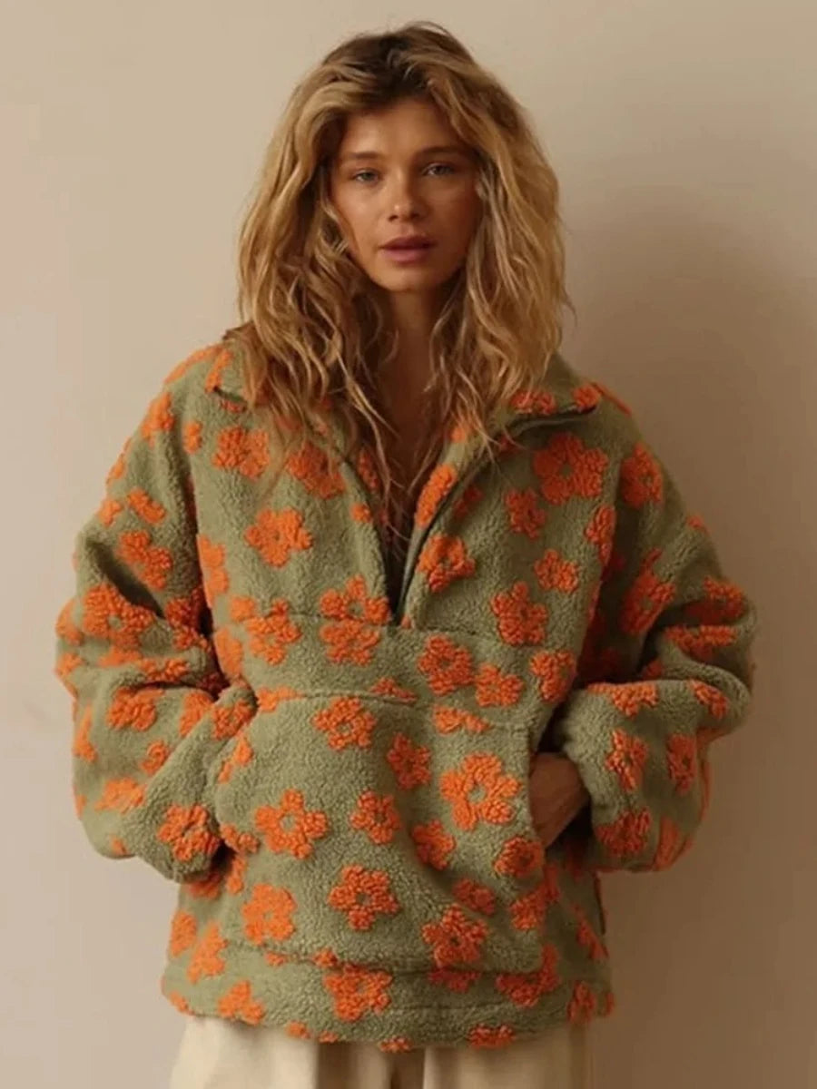 🌸 Pullover Sherpa Floral con Media Cremallera – Cálido y Estiloso