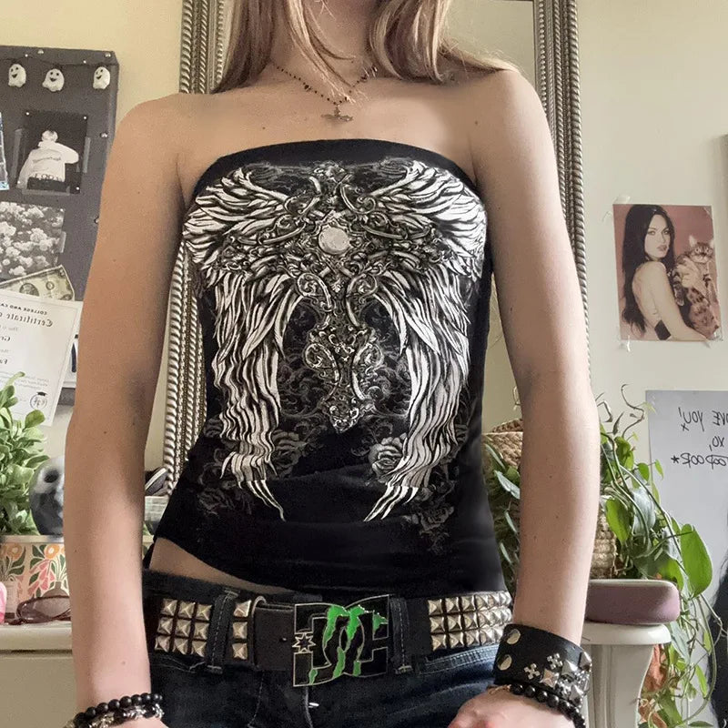 Women's Black Gothic Print Tube Top – Cropped Y2K Summer Streetwear