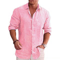 Camisa Hombre Lino Algodón Manga Larga Color Sólido – Casual Talla Grande