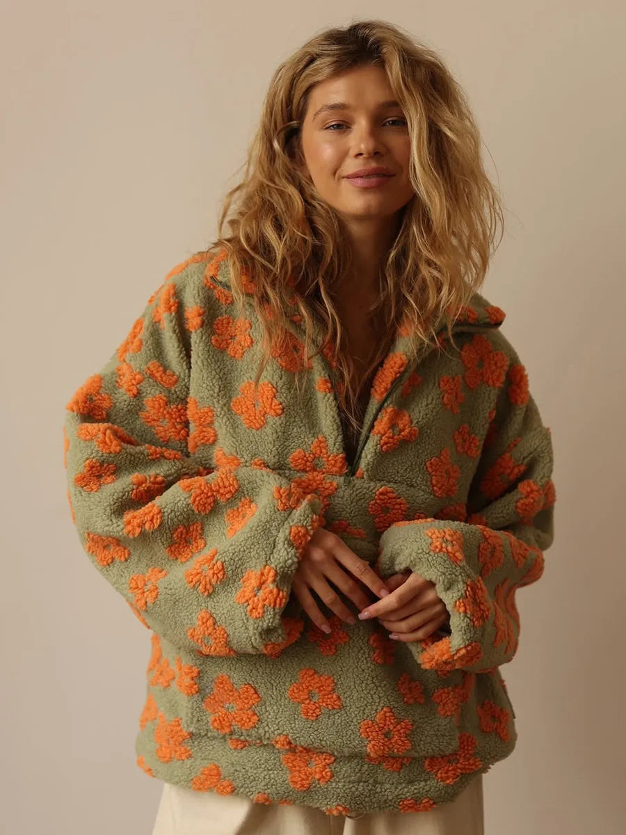 🌸 Pullover Sherpa Floral con Media Cremallera – Cálido y Estiloso