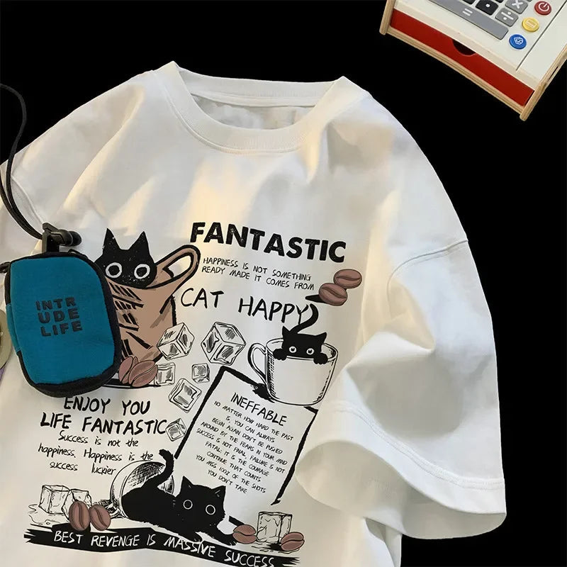 Unisex Oversized Cartoon Cat T-Shirt – Korean Style for Couples, Short Sleeve