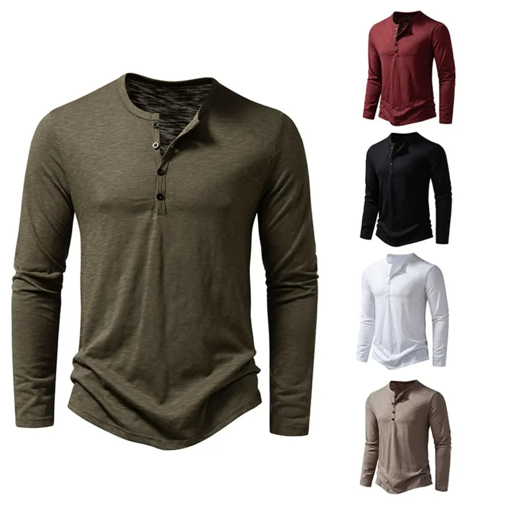 Camiseta Hombre Cuello Henley Botón Manga Larga Slim Fit – Algodón Transpirable Sólido Casual Otoño