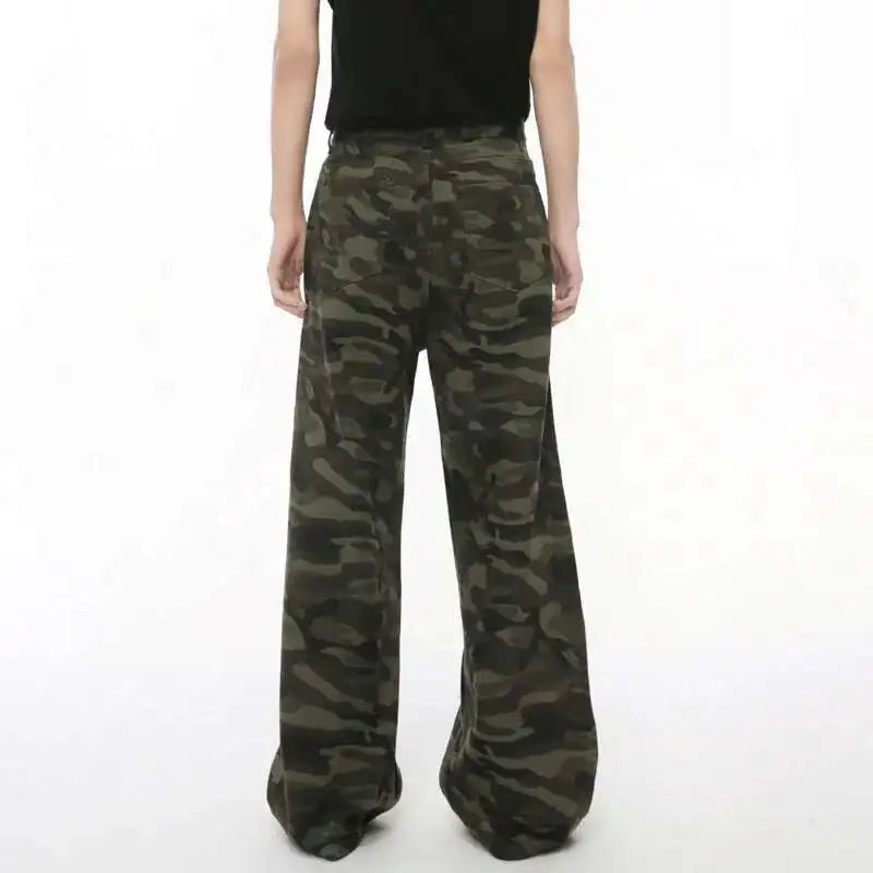 Men's Camouflage Wide-Leg Jeans – Vintage Washed Casual Denim, Size XS-XL
