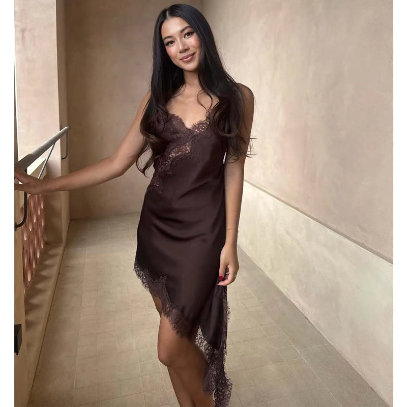 Women's Satin Mini Dress with Lace – Sexy Asymmetrical, Party & Beach