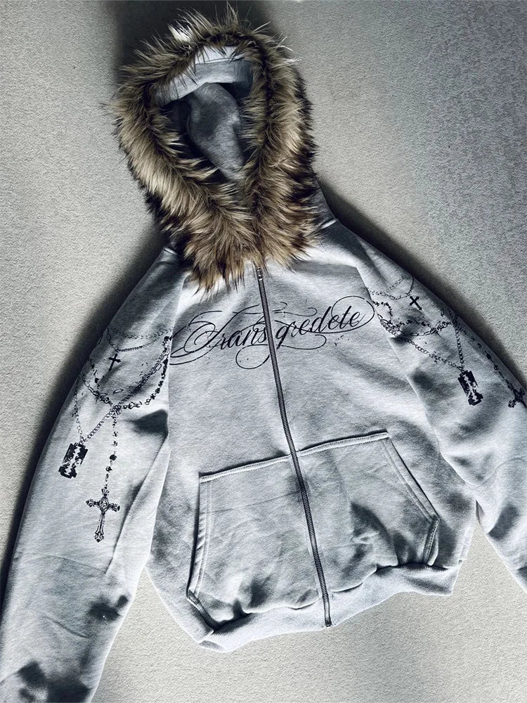 🖤 Chaqueta Gótica con Capucha y Pelo Sintético – Edición Invierno