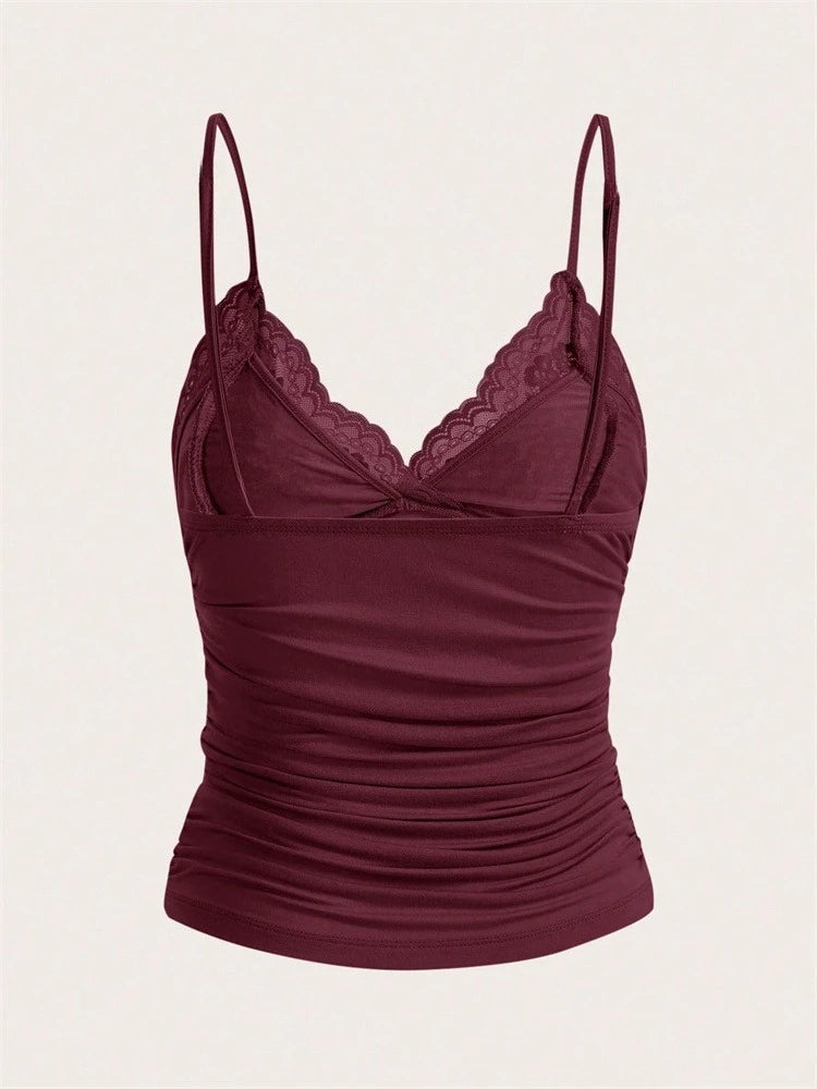 Women's Lace & Bow Cami Top – Y2K Grunge Punk Style, Ruched Back
