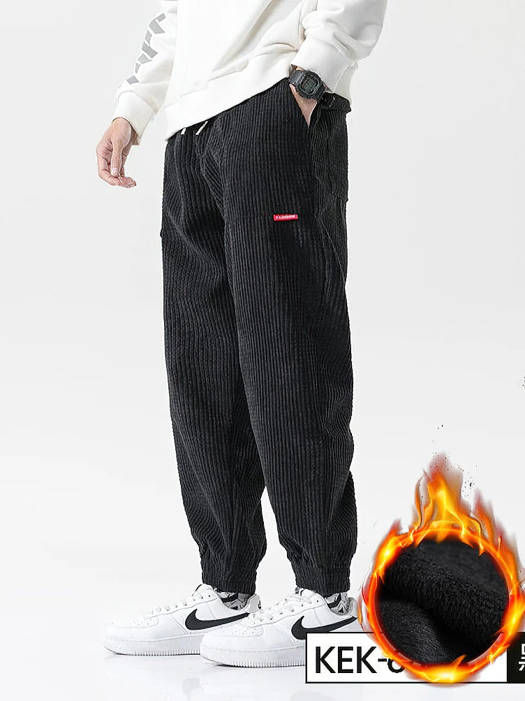 Men's Baggy Corduroy Tech Fleece Thermal Pants – Casual Sport Harem Joggers Fall Winter