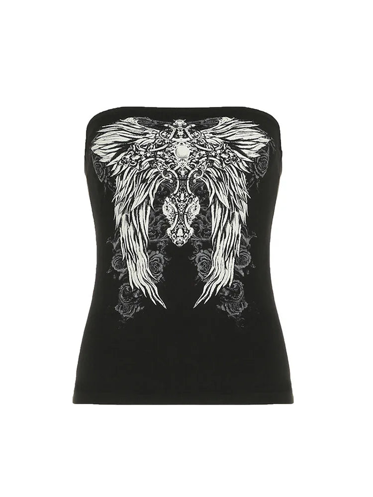 Women's Black Gothic Print Tube Top – Cropped Y2K Summer Streetwear