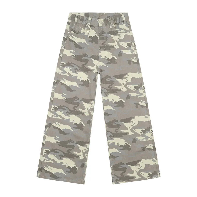 Men's Camouflage Wide-Leg Jeans – Vintage Washed Casual Denim, Size XS-XL