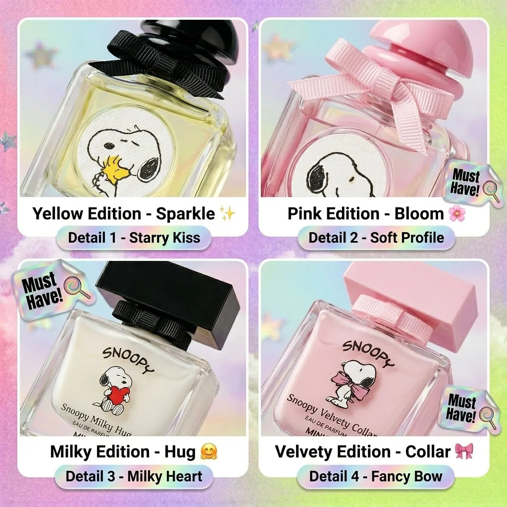 Miniso Snoopy Peanuts Women's Eau De Toilette Comforting Fruity Floral Scent with Strawberry Rose & Vanilla Sweetness Pink Square Bottle Gift for Women