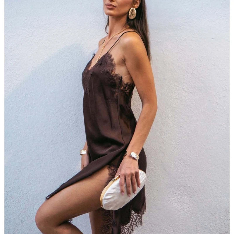 Women's Satin Mini Dress with Lace – Sexy Asymmetrical, Party & Beach