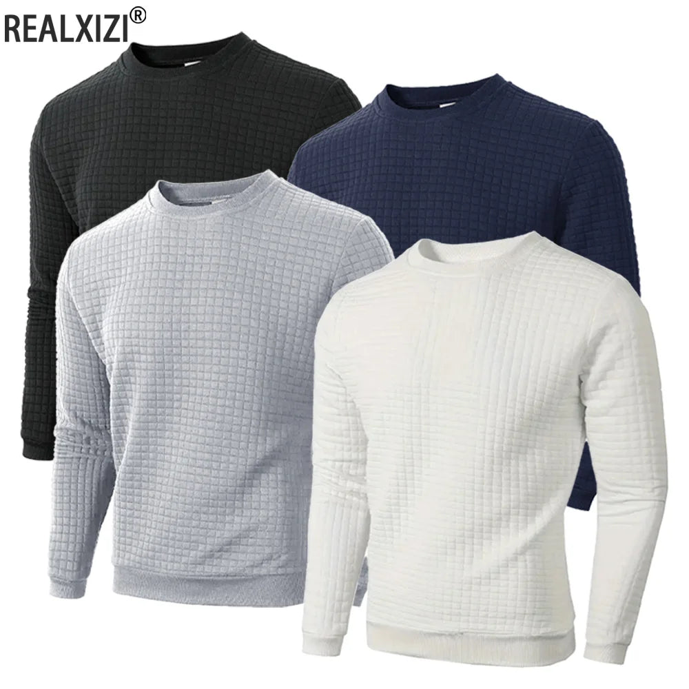 Men’s Jacquard Check Crew Neck Sweater – Slim Fit Casual Streetwear Autumn