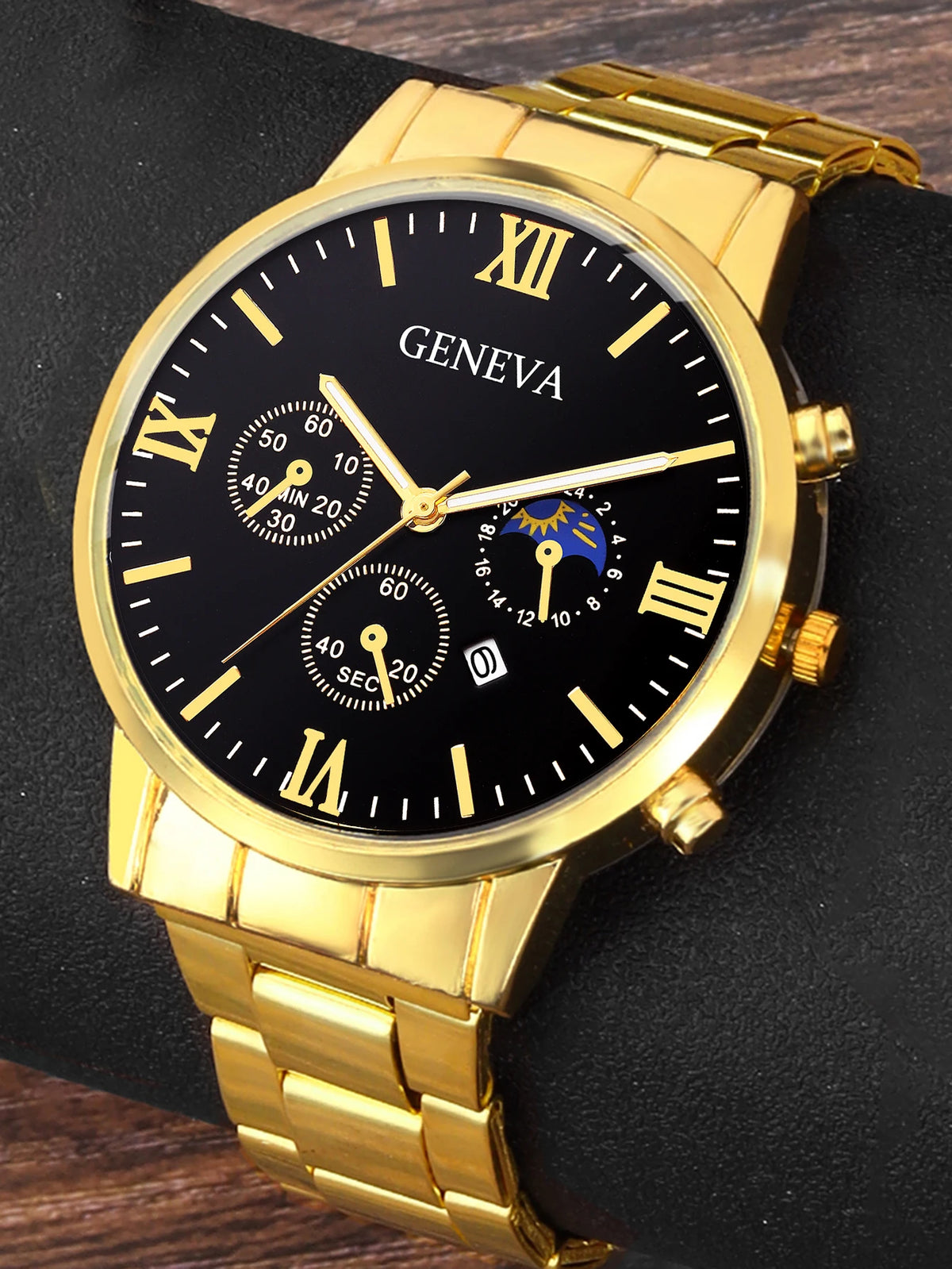 Set Reloj Cuarzo para Hombre – Pulsera, Collar & Anillo, Calendario, Regalo Elegante