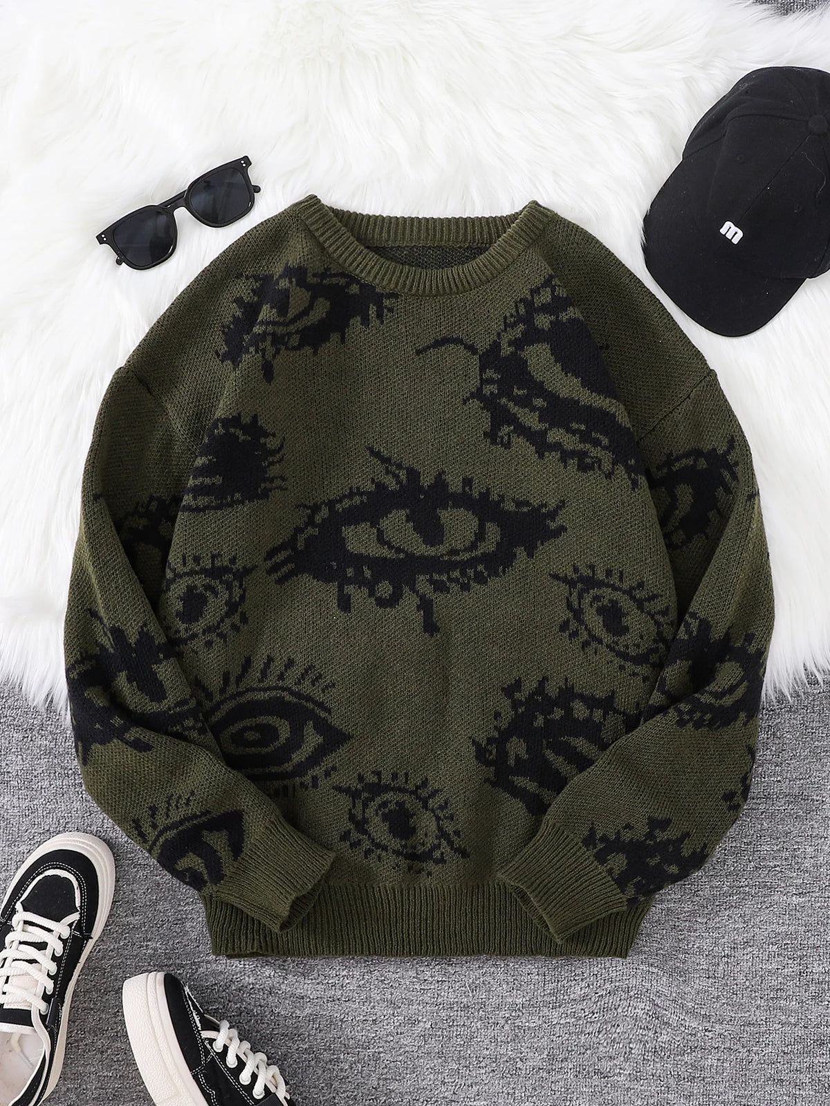 Jersey Jacquard con Motivo de Ojo Abstracto – Pullover Casual Otoño-Invierno