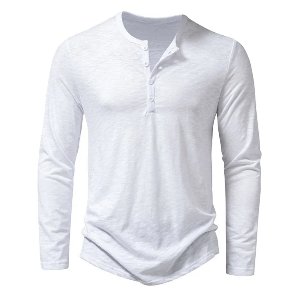 Camiseta Hombre Cuello Henley Botón Manga Larga Slim Fit – Algodón Transpirable Sólido Casual Otoño