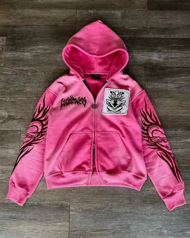 🍂 Sudadera con Bordado Retro Y2K – Estilo Harajuku Gótico