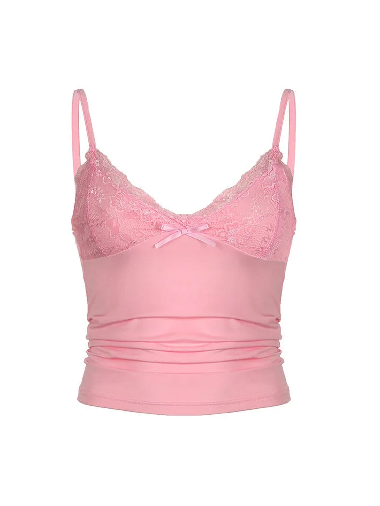 Women's Lace & Bow Cami Top – Y2K Grunge Punk Style, Ruched Back