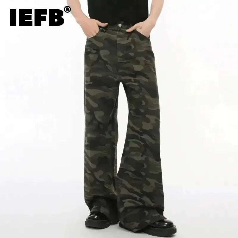Men's Camouflage Wide-Leg Jeans – Vintage Washed Casual Denim, Size XS-XL