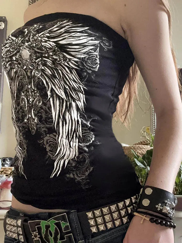 Women's Black Gothic Print Tube Top – Cropped Y2K Summer Streetwear