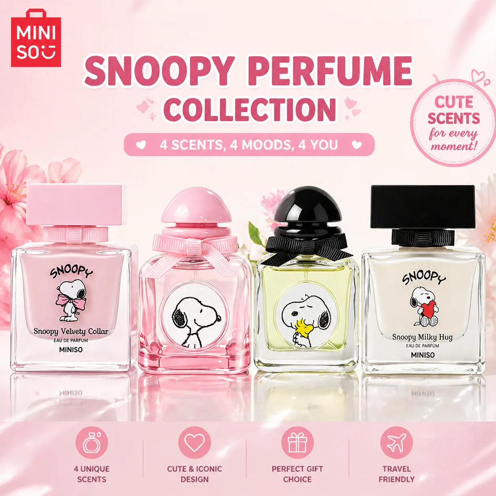 Miniso Snoopy Peanuts Women's Eau De Toilette Comforting Fruity Floral Scent with Strawberry Rose & Vanilla Sweetness Pink Square Bottle Gift for Women