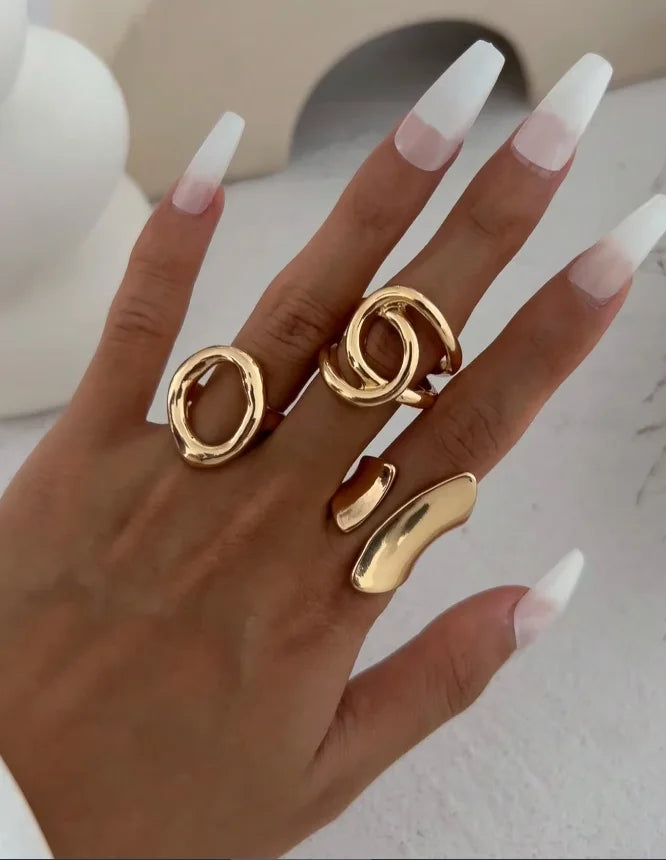 Set of 3 Geometric Punk Rings for Women – Minimalist Asymmetric Fashion Design