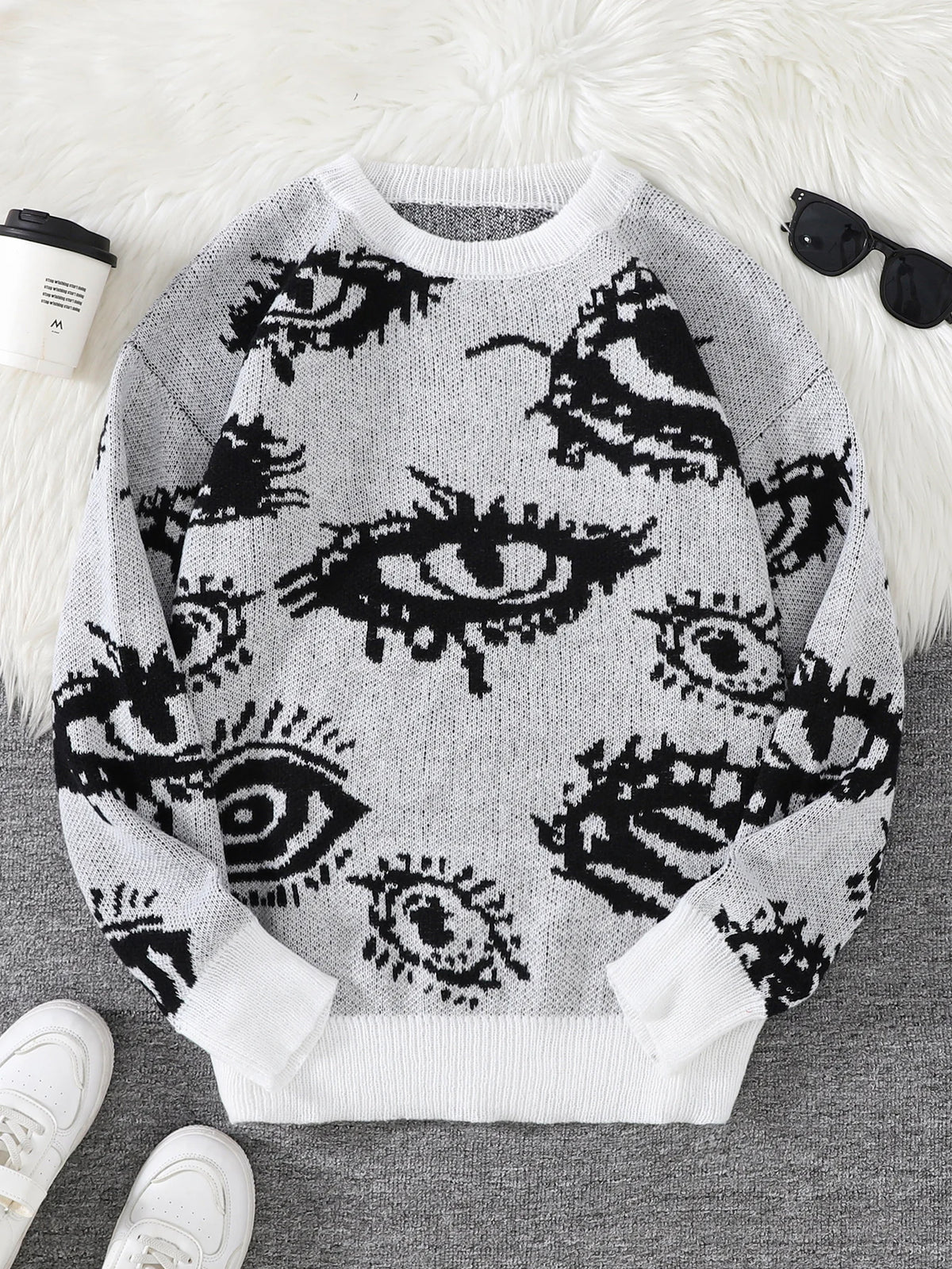 Jersey Jacquard con Motivo de Ojo Abstracto – Pullover Casual Otoño-Invierno