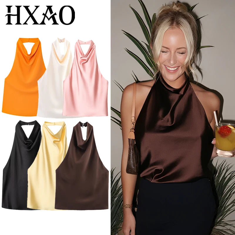 Top Corsé Halter Satén Mujer – Sin Espalda Elegante, Amarillo, Rosa & Negro