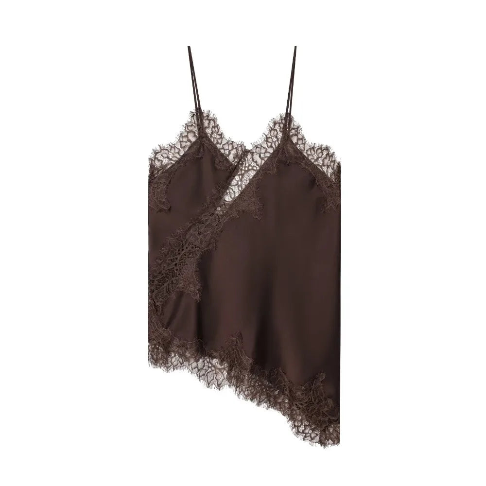 Women's Asymmetrical Lace Camisole Top – Elegant Backless, Sexy V-Neck
