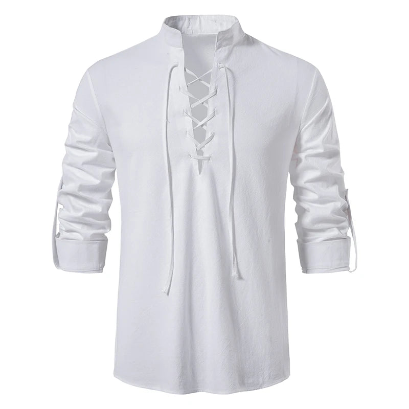 Men's Linen Cotton Long Sleeve Diagonal Placket Shirt – Vintage Casual Yoga Style Spring Autumn