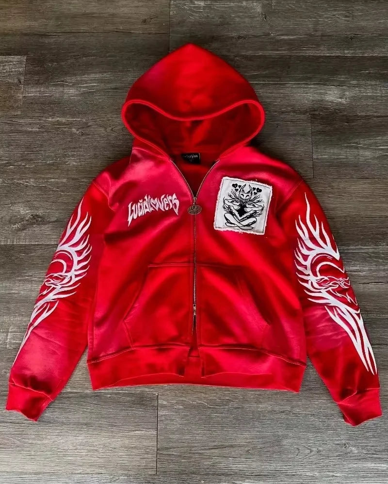 🍂 Sudadera con Bordado Retro Y2K – Estilo Harajuku Gótico