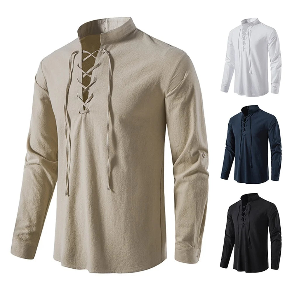 Men's Linen Cotton Long Sleeve Diagonal Placket Shirt – Vintage Casual Yoga Style Spring Autumn