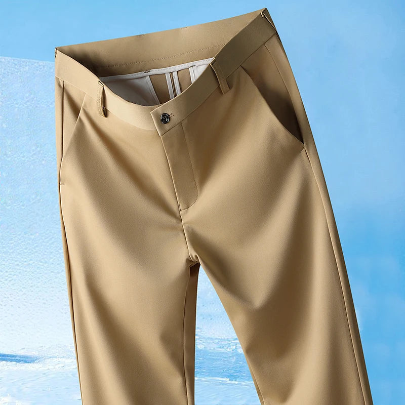 Men's Straight-Leg Non-Iron Silky Fabric Trousers – Lightweight Casual Spring/Summer, Size 29-42