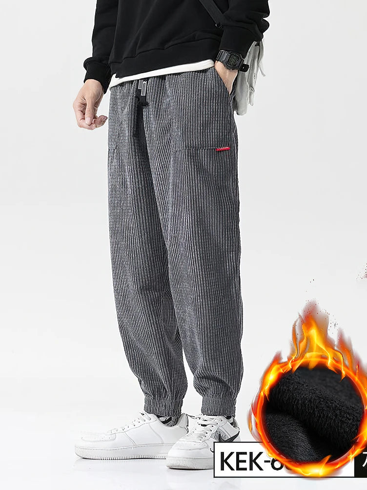 Men's Baggy Corduroy Tech Fleece Thermal Pants – Casual Sport Harem Joggers Fall Winter